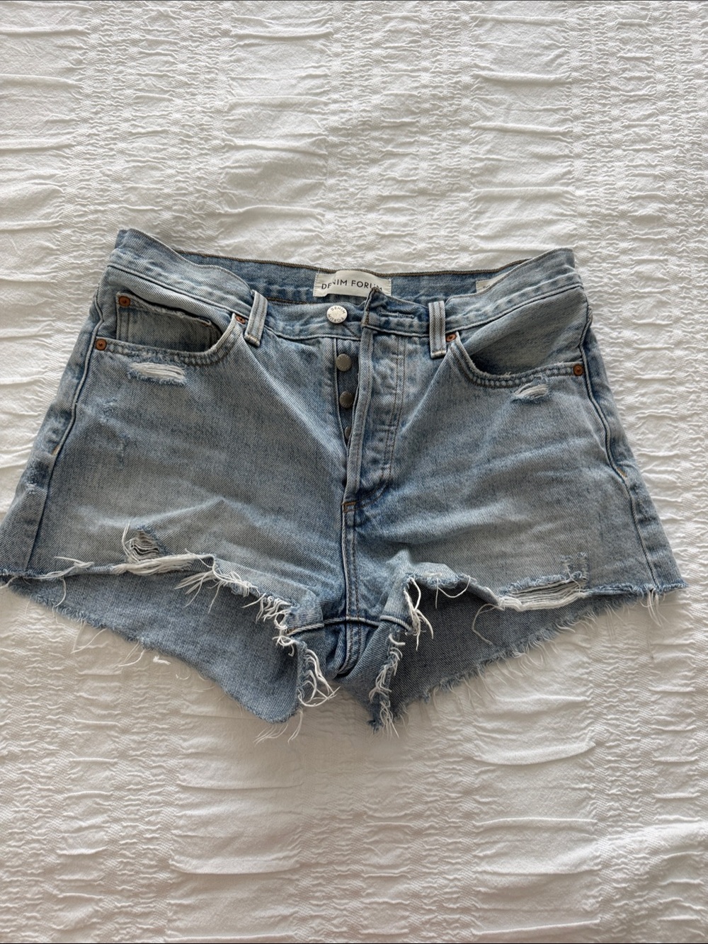 Denim Forum Washed Blue Distressed High-Rise Cutoff Shorts